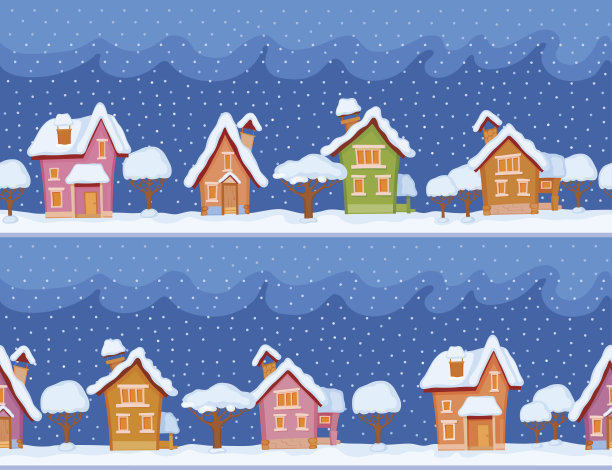 孩子般天衣无缝的图案，白雪覆盖的房屋和树木图片下载