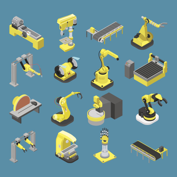 平面三维等距重型机器人工业机械图标集概念网络信息图矢量插图。木工电锯和拼图机械手机器人自动化。有创造力的人集合。图片下载