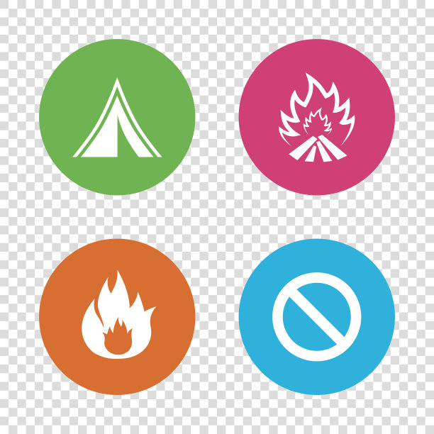 旅游露营帐篷标志。火灾火焰图标。图片下载