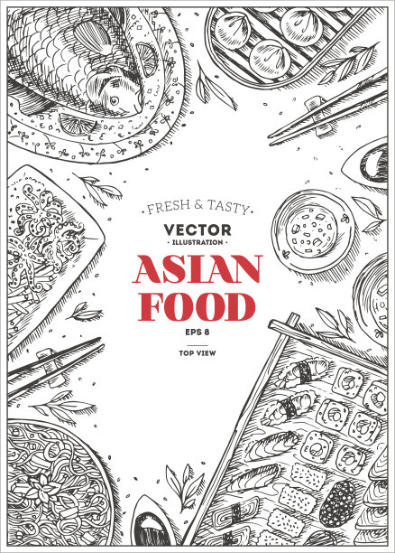 亚洲食品。线性图形。矢量图图片下载