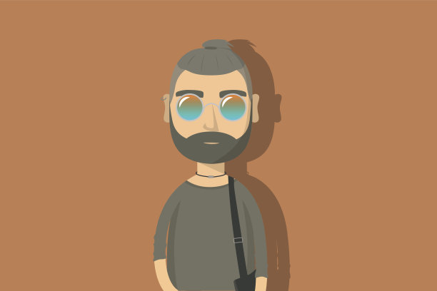 时髦卡通人物。留着胡子戴反光眼镜的男人。扁平风格矢量素材图片下载
