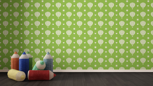 儿童极简主义色彩丰富的背景与填充彩色铅笔拼花地板，儿童房托儿所，绿色和白色的壁纸，室内设计图片下载