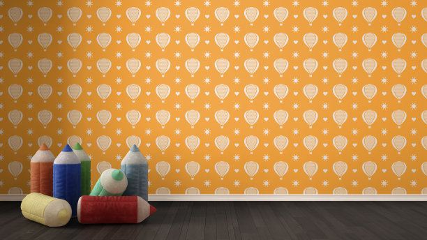 儿童极简主义色彩丰富的背景与填充彩色铅笔拼花地板，儿童房托儿所，橙色和白色的壁纸，室内设计图片下载
