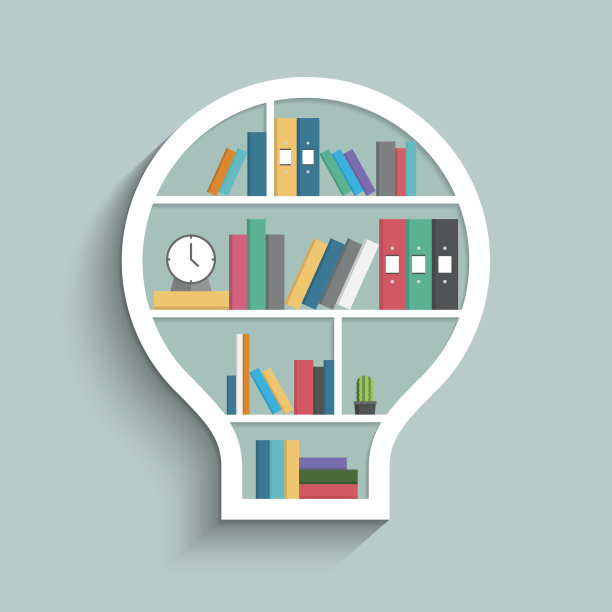 以蓝色粉彩为背景的彩色书籍、时钟和仙人掌的灯泡形式的书架。平面设计。矢量插图。图片下载