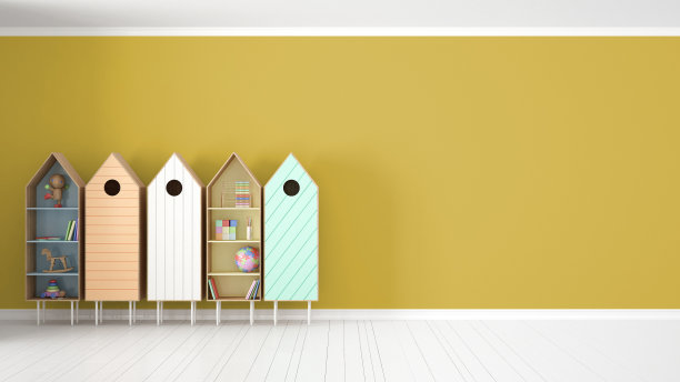 斯堪的纳维亚极简主义的黄色背景与彩色的书架，白色拼花地板，儿童儿童房室内设计图片下载