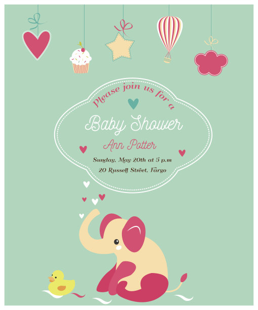 宝宝淋浴可爱的邀请和大象和小鸭子图片下载