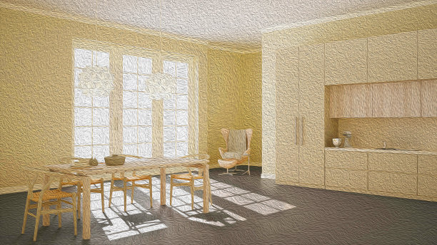 油画展示现代客厅与厨房，抽象的室内设计图片下载