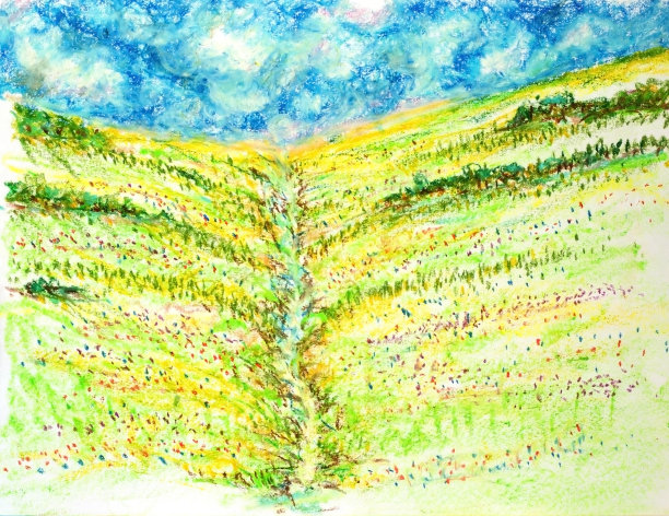 花卉田景，油画粉彩插画图片下载