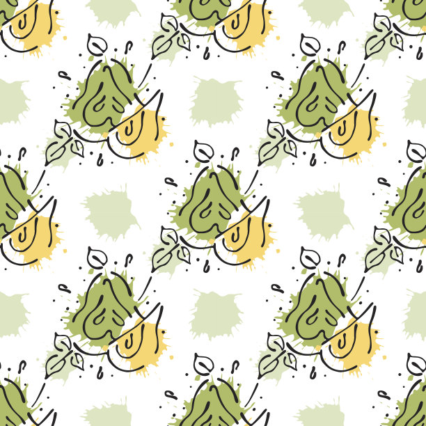 矢量水果无缝模式。用梨叶、装饰元素、斑点、水滴、飞溅手绘等高线和笔画素描风格，图形矢量绘图插画图片下载