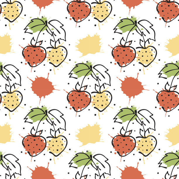 矢量水果无缝模式。草莓用叶子、装饰元素、斑点、水滴、飞溅手绘等高线和笔画素描风格，图形矢量绘图插画图片下载