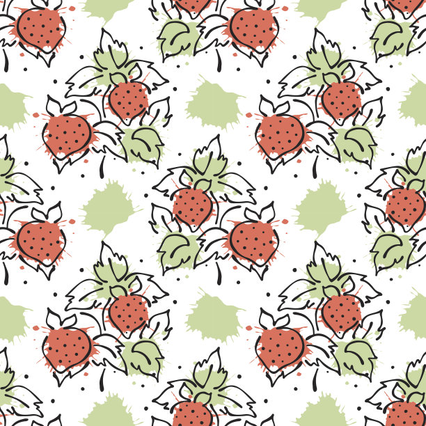矢量水果无缝模式。草莓用叶子、装饰元素、斑点、水滴、飞溅手绘等高线和笔画素描风格，图形矢量绘图插画图片下载