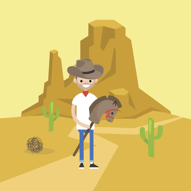 狂野西部概念插图。年轻的黑发男子戴着牛仔帽，骑着木马/平面可编辑矢量插图，剪辑艺术图片下载