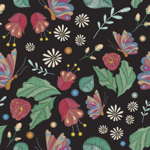 矢量无缝纹理与刺绣设计。彩色花卉图案与装饰绣花，叶和蝴蝶图片下载