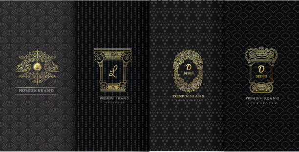 收集设计元素，标签，图标，框架，用于包装，设计的奢侈品。由金箔制成。孤立在黑色背景上。矢量图图片下载