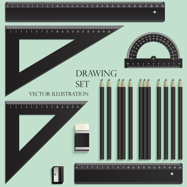 绘图集，尺子，量角器，铅笔，橡皮和卷笔刀现实塑料图片下载