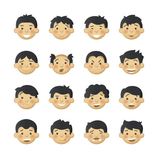 不同的男人有着红润的脸颊。矢量头像和表情集。图片下载