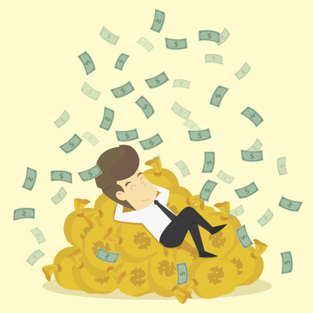 一个睡在一袋钱上的商人，亿万富翁图片下载