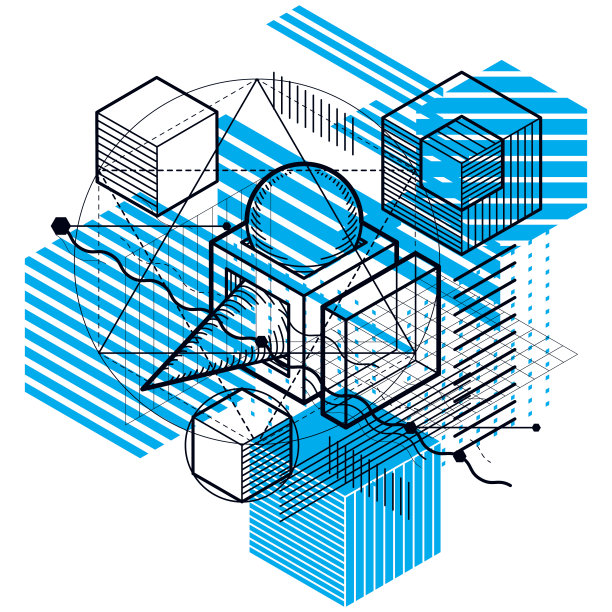 等距抽象背景线性尺寸形状，矢量三维网格元素。由立方体、六边形、正方形、长方形和不同的抽象元素组成。图片下载
