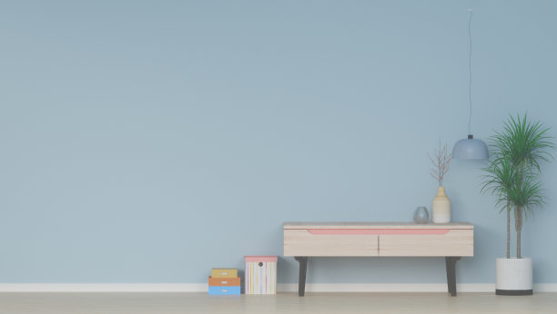 现代的餐具柜和衣柜的抽屉与蓝色的墙壁在房间装饰艺术作品的3D渲染图片下载