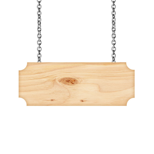 木制的标志挂在一条链子上，孤立在白色的背景上图片下载