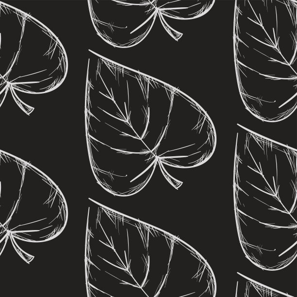 心形叶无缝图案手绘草图黑色轮廓图片下载