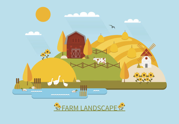 平面农场景观插图。矢量平面图标集素材图片