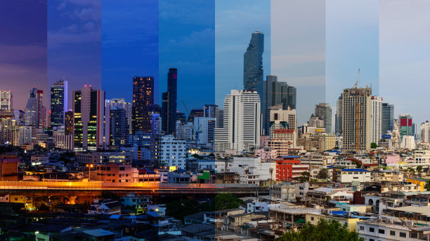 高视角的城市和模糊交通灯在不同的时间在一个画面图片下载