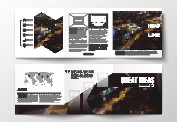 一套三折宣传册，方形设计模板。黑暗的多边形图片下载