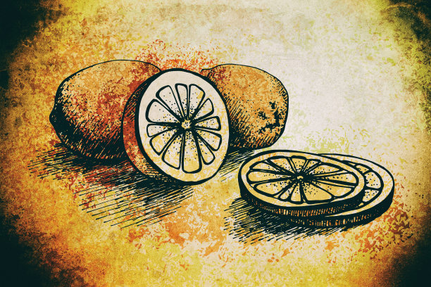 柠檬的插图。彩色的旧的脏素描-柠檬汁和柑橘元素与古董纹理图片下载