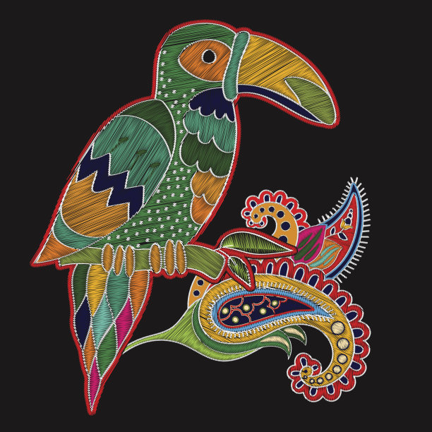 矢量刺绣东方印花与大鸟。花卉民间模板与巨嘴鸟和佩斯利花在黑色的背景时尚设计。刺绣模仿纹理图片下载