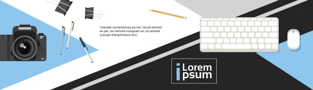摄影师工作场所顶角视图相机电脑键盘横幅与复制空间图片下载