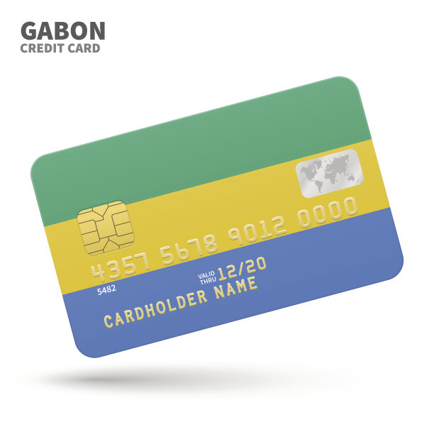 信用卡与加蓬国旗背景的银行，介绍和图片下载
