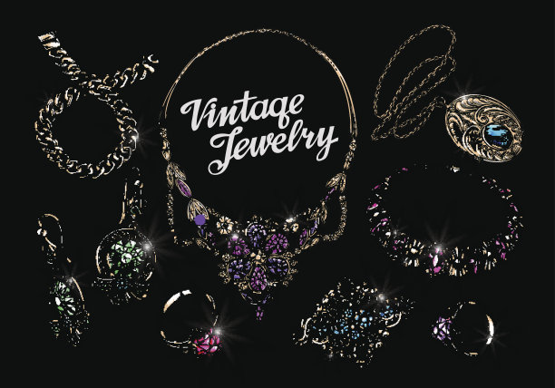 带有宝石的复古珠宝。手绘金和银矢量图片下载