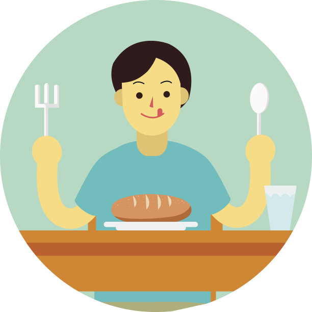 年轻人准备用勺子和叉子在桌上吃面包。平面人卡通设计在绿色圆圈矢量插图图片下载