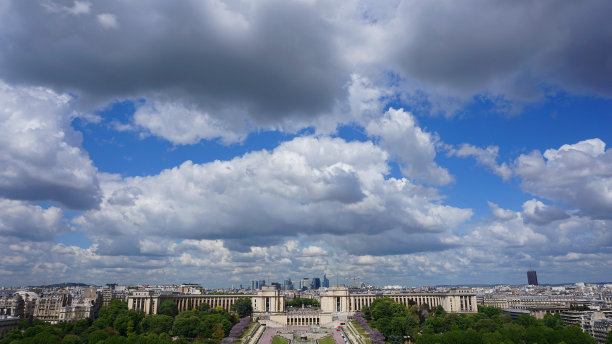 一个春天的早晨，法国巴黎，从标志性的埃菲尔铁塔上看到的特罗卡德罗花园的航拍照片，美丽的散云图片下载