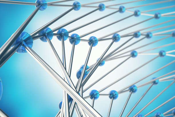 三维渲染抽象分子设计。原子。旗帜或传单的医学背景。分子结构与蓝色球形粒子图片下载