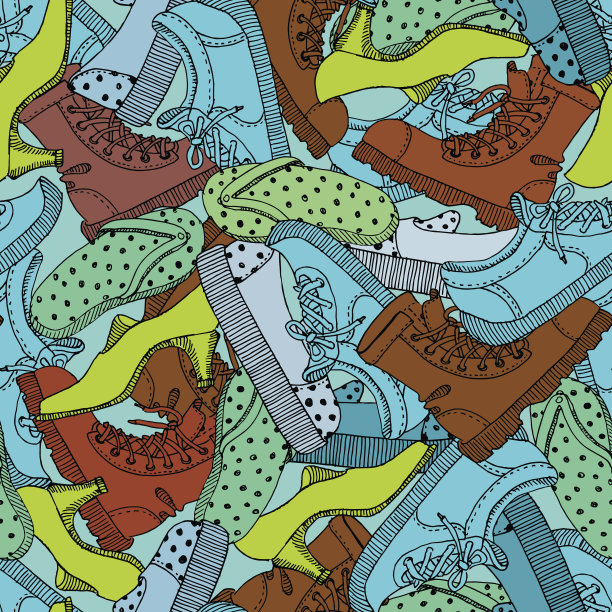 向量无缝模式。不同的涂鸦鞋。图片下载