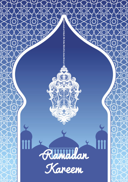 斋月卡里姆贺卡与剪影的阿拉伯灯。图片下载