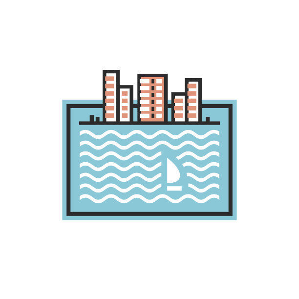 标志城市在河上有一艘船。建筑平面图标图片下载