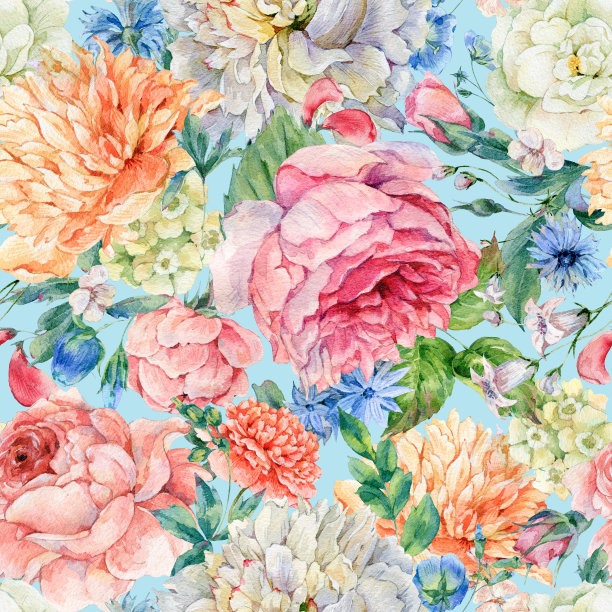 水彩无缝图案与盛开的牡丹、玫瑰素材图片