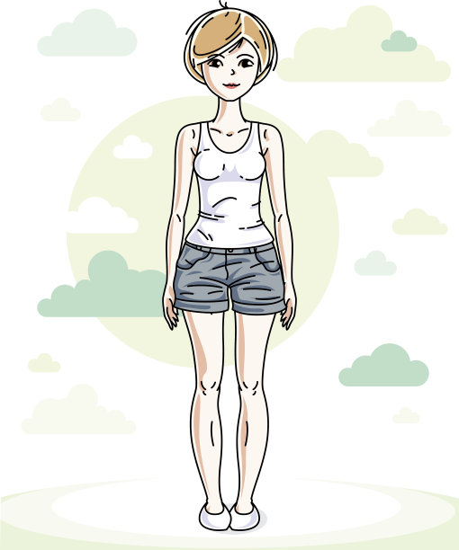 快乐年轻的金发女人摆姿势与蓝天白云的背景，穿着时尚的休闲衣服。矢量吸引女性插图。生活方式的主题的卡通。图片下载