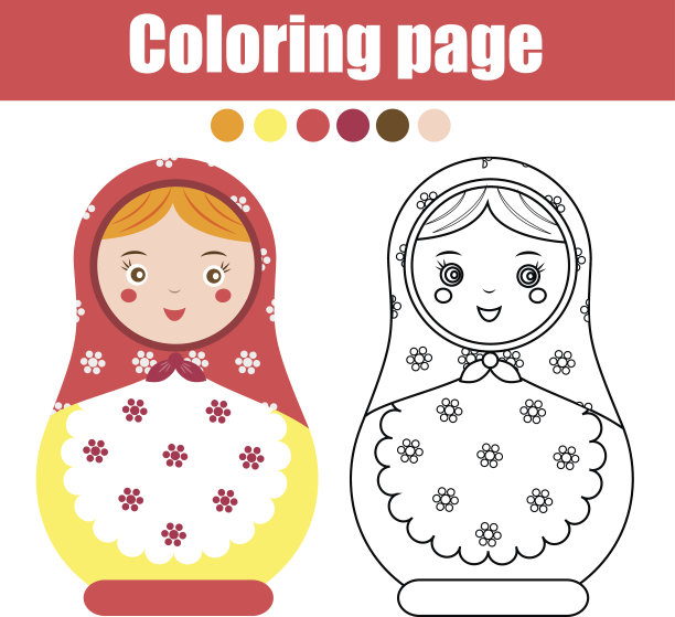 涂色页与可爱的俄罗斯套娃。儿童教育游戏，绘画活动。颜色的套娃要图片下载