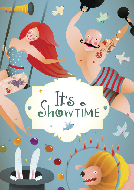 马戏团嘉年华复古广告牌海报，女孩与壮汉图片下载