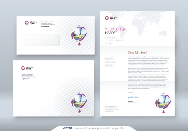 信封DL, C5，信头。信封和信件的企业业务模板。布局与现代彩色点抽象背景。创造性的向量素材图片