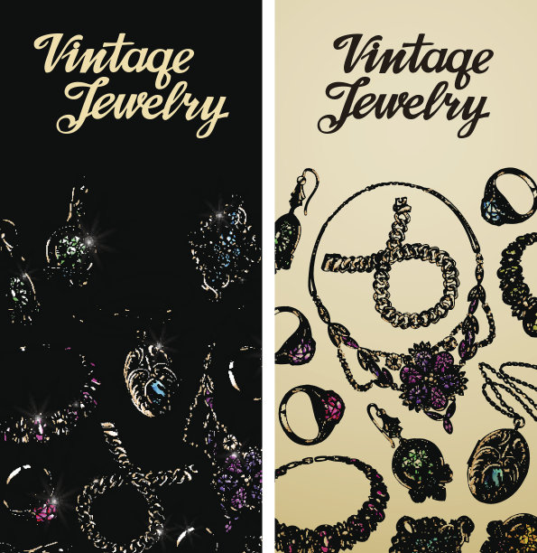 古董珠宝。贵重金属，金，银和宝石。矢量图图片下载