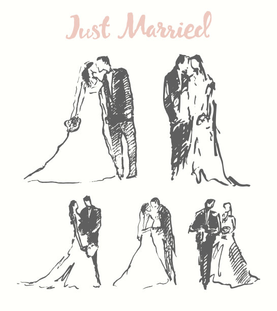 绘制插图幸福的新娘新郎矢量素描图片下载
