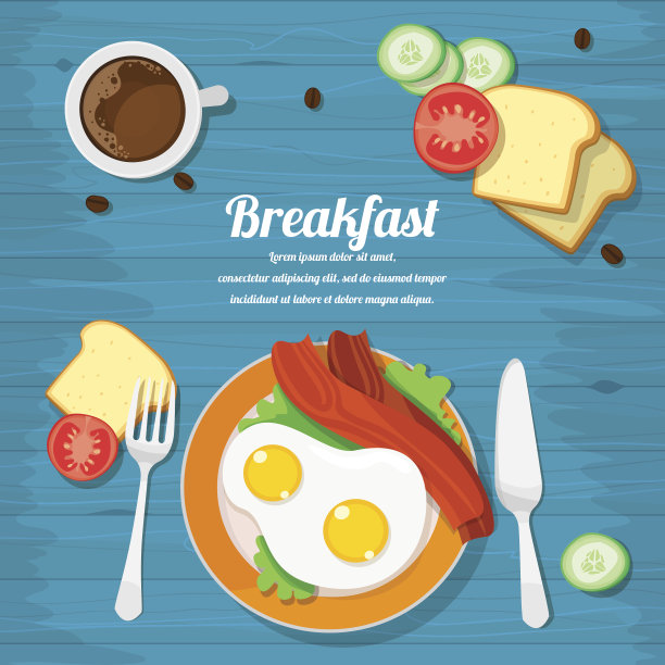 早餐桌上有炒蛋、培根、吐司和新鲜蔬菜图片下载