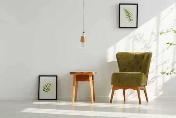 白色的房间，绿色的扶手椅图片下载