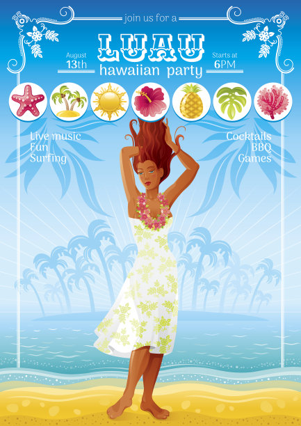 夏季旅游海滩背景与性感的女孩和图标设置图片下载