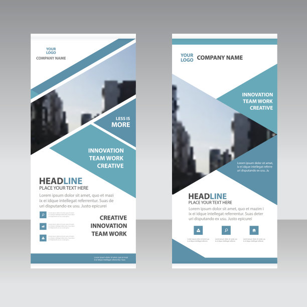 蓝色抽象三角形业务卷旗平面设计模板图片下载